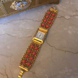 Fabulous Kenneth Jay Lane Coral Beaded Gold Chain Bracelet Watch